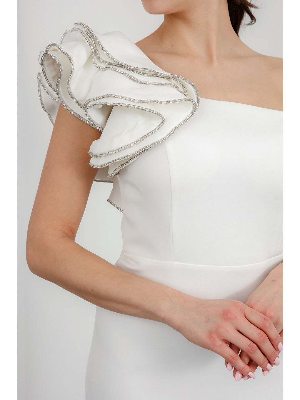 Kadın Beyaz Tek Omuz Midi Abiye Elbise-1