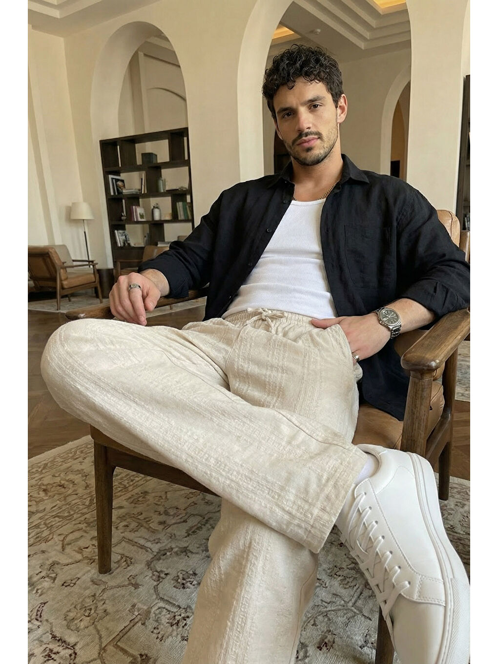 Bej Bunga Desenli Keten Görünümlü Lastikli Erkek Pantolon-4