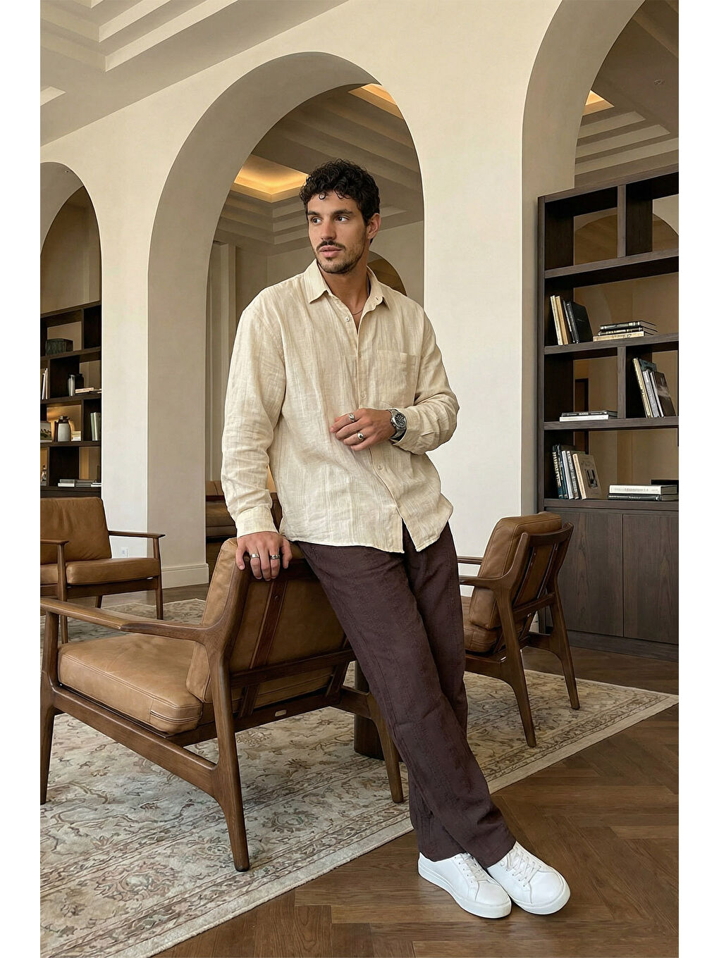 Kahverengi Bunga Desenli Keten Görünümlü Lastikli Erkek Pantolon-1