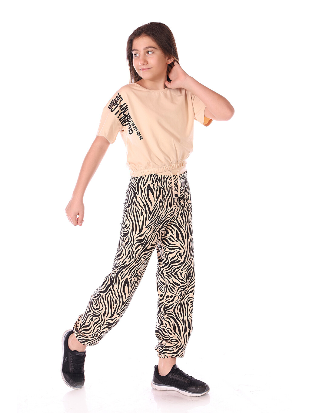 Bej Kız Çocuk Only I Can Yazılı Zebra Baskılı Eşofman Takım-1