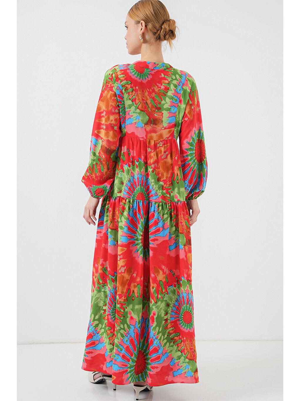 2423 Otantik Desenli Tesettür Elbise - L. Kırmızı-5