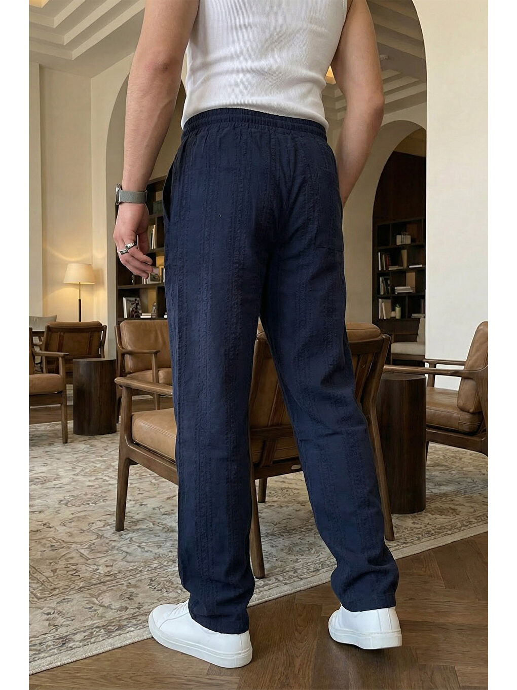 Lacivert Bunga Desenli Keten Görünümlü Lastikli Erkek Pantolon-4