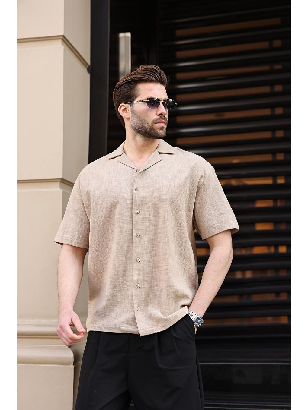 Bej %100 Pamuklu Rahat Kesim Erkek Gömlek E6773