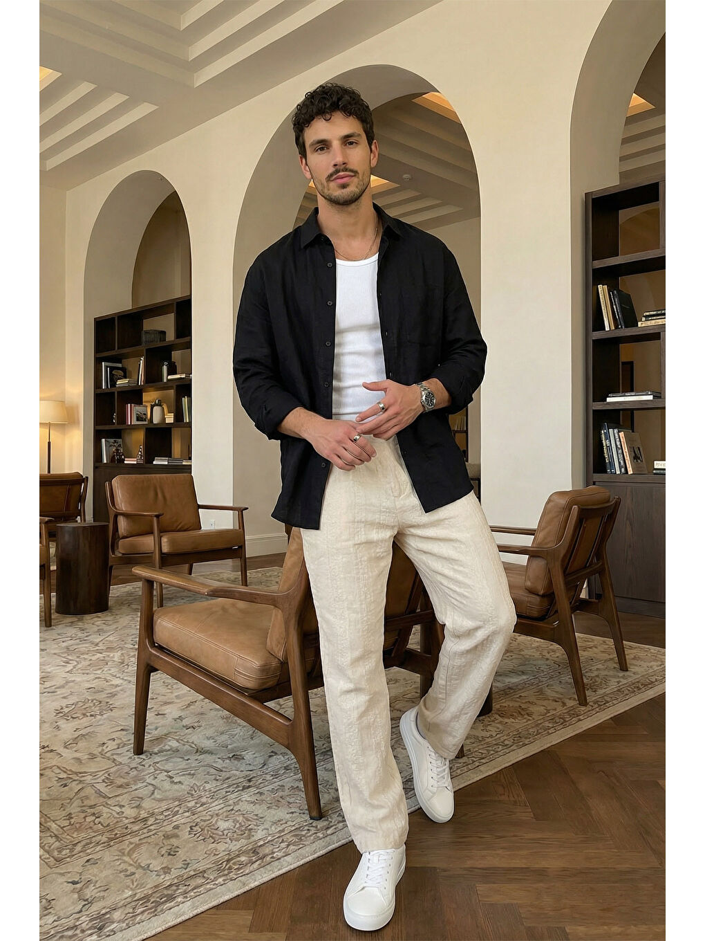 Bej Bunga Desenli Keten Görünümlü Lastikli Erkek Pantolon-5