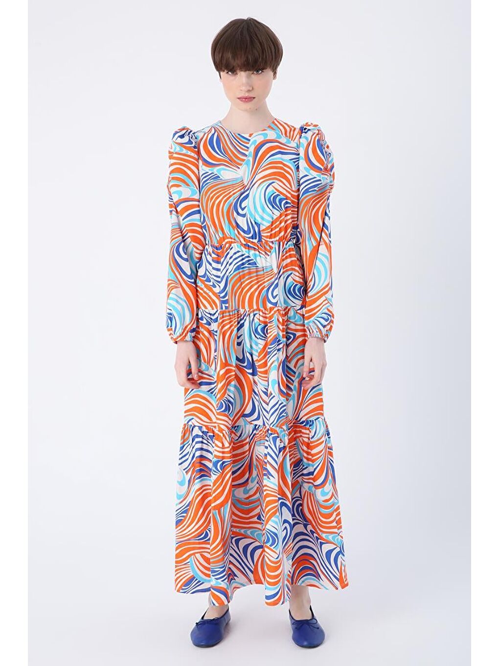 Turuncu-Saks-%100 Pamuk Kolları Beli Büzgü Detaylı Fermuar Kapamalı Fırfırlı Elbise-1