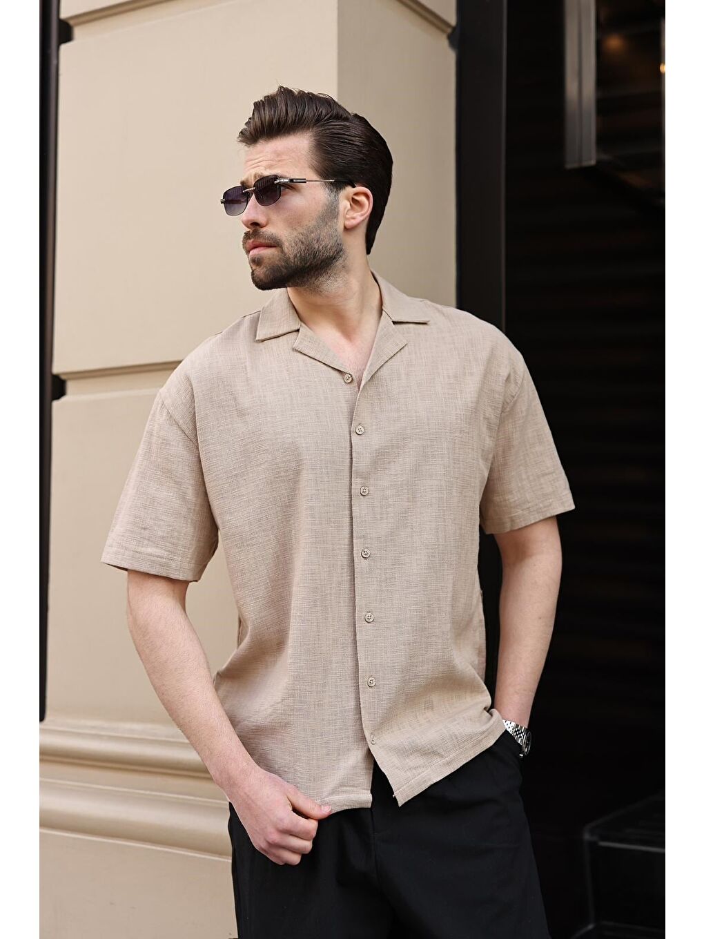 Bej %100 Pamuklu Rahat Kesim Erkek Gömlek E6773-1