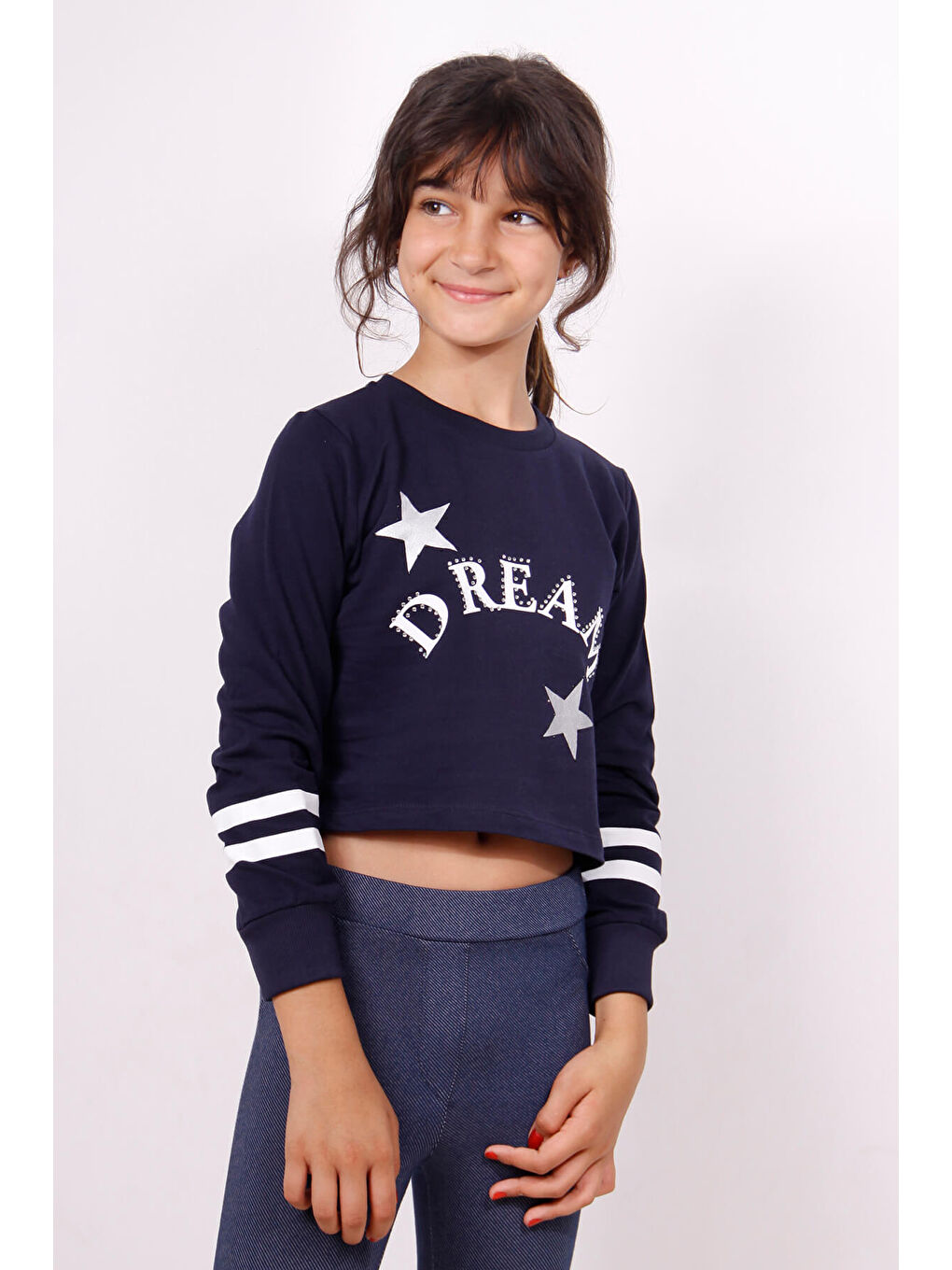 Lacivert Kız Çocuk Yıldızlı Dream Baskılı Sweatshirt-3