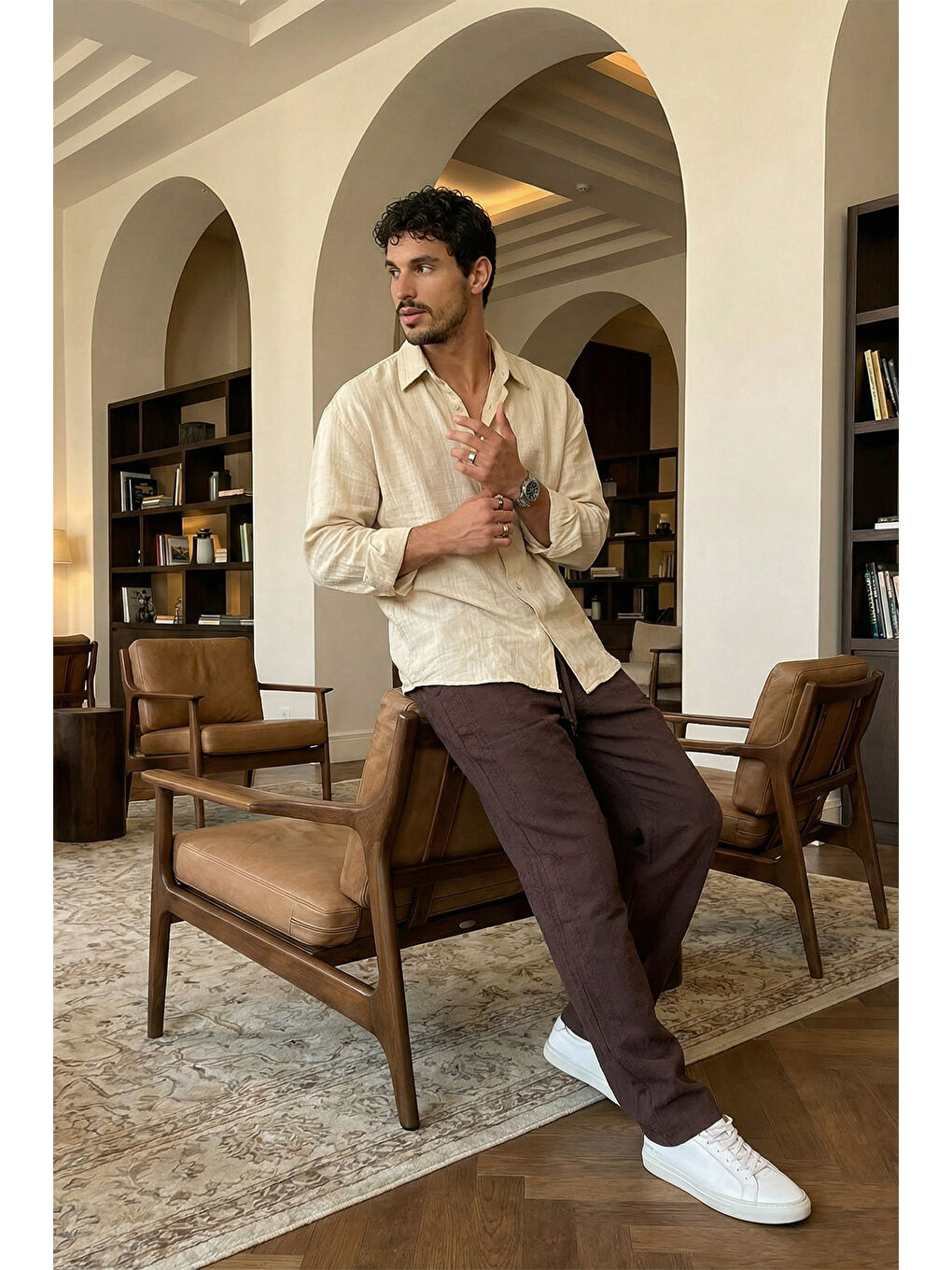 Kahverengi Bunga Desenli Keten Görünümlü Lastikli Erkek Pantolon-2