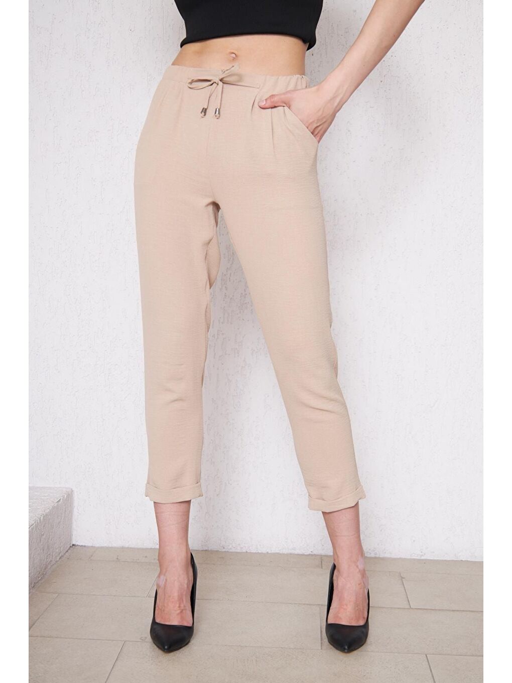 Kadın Beli Lastikli Aerobin Duble Paça Bej Pantolon-1