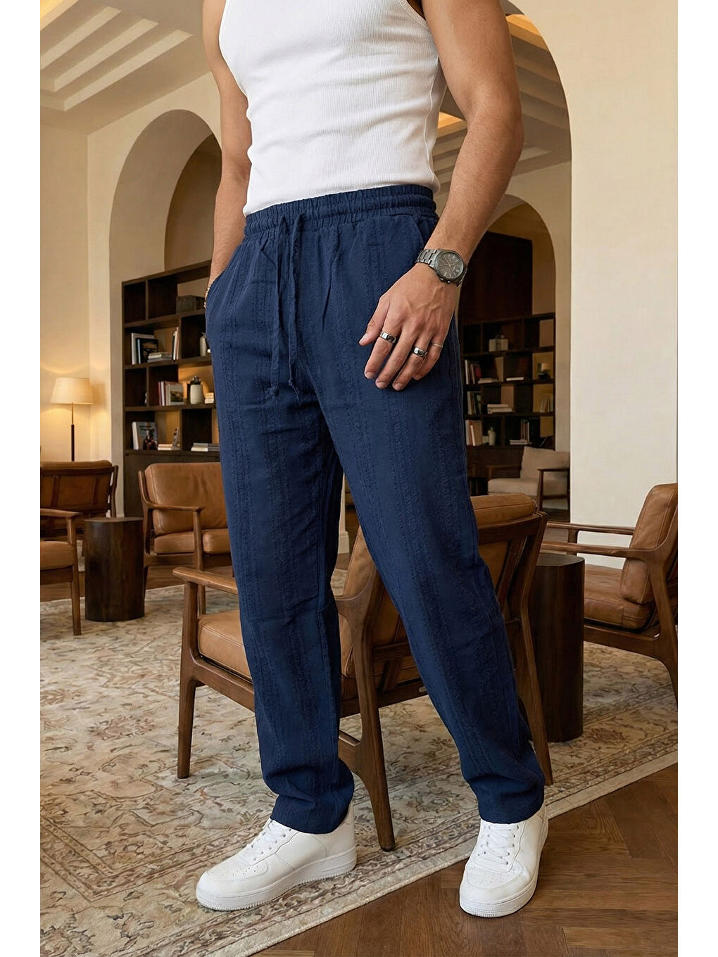 Lacivert Bunga Desenli Keten Görünümlü Lastikli Erkek Pantolon-5