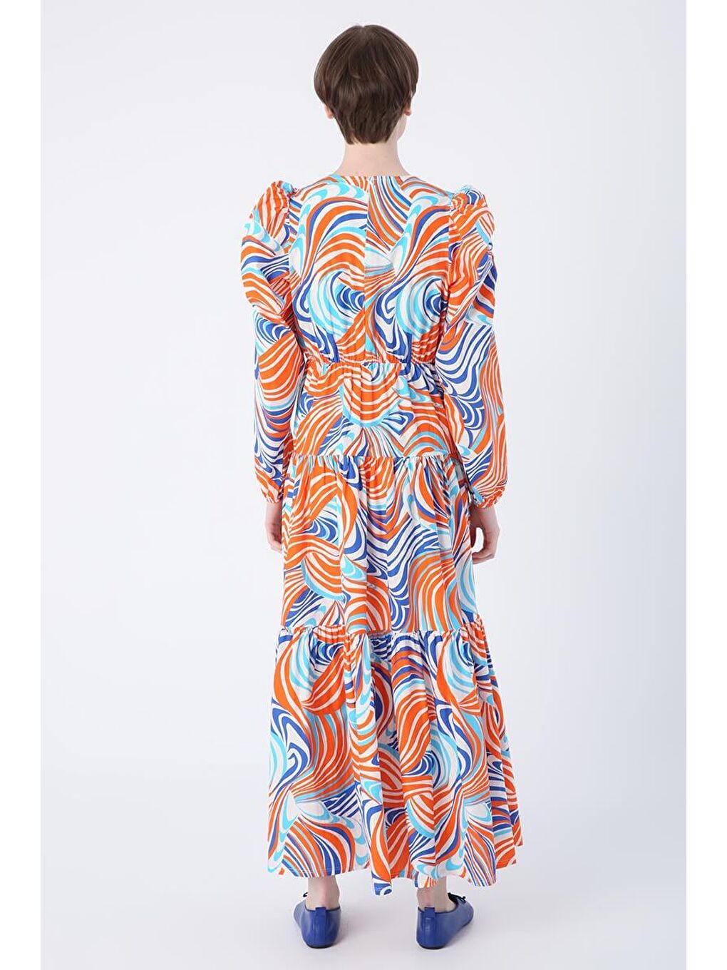 Turuncu-Saks-%100 Pamuk Kolları Beli Büzgü Detaylı Fermuar Kapamalı Fırfırlı Elbise-3