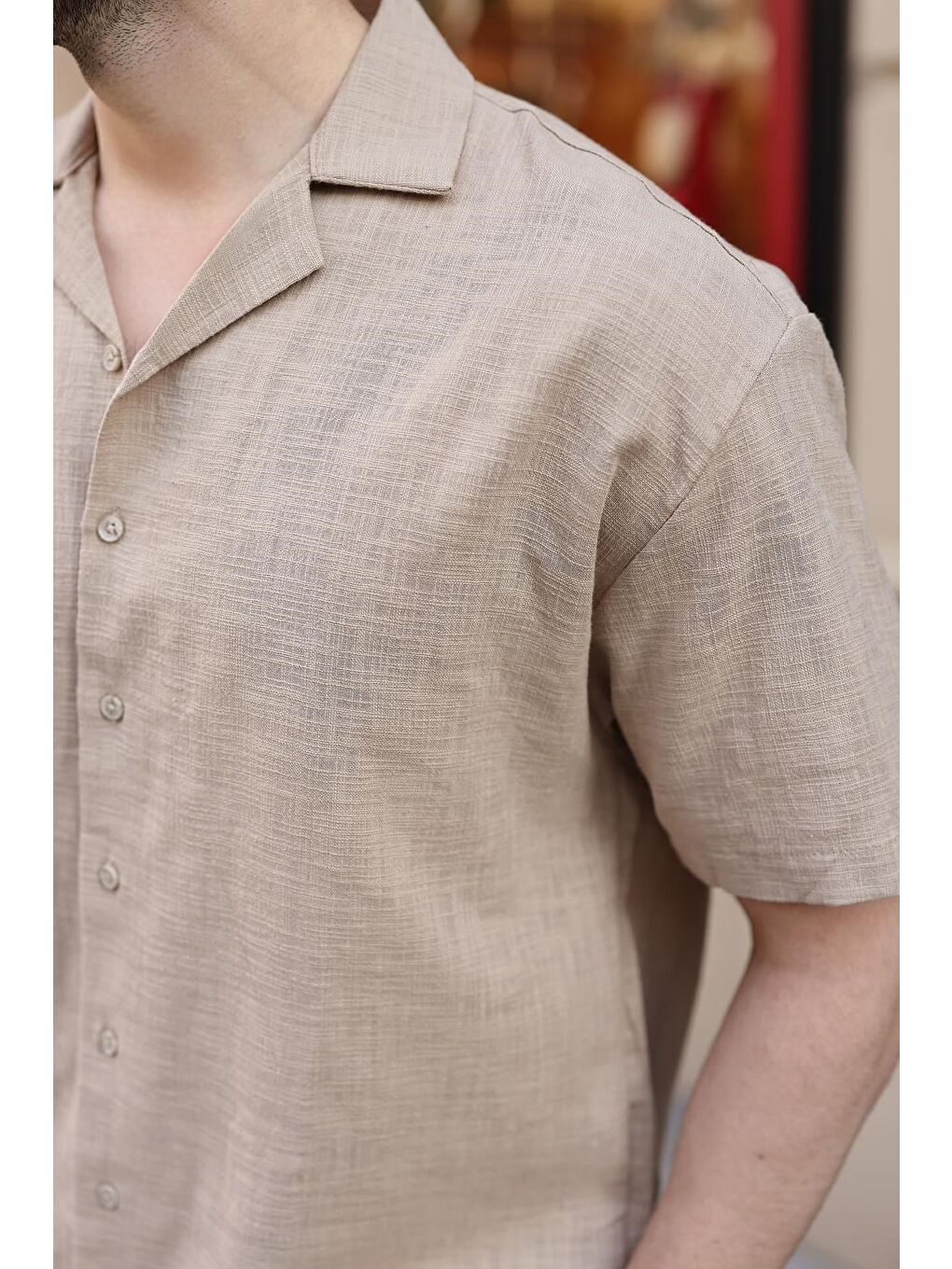 Bej %100 Pamuklu Rahat Kesim Erkek Gömlek E6773-3