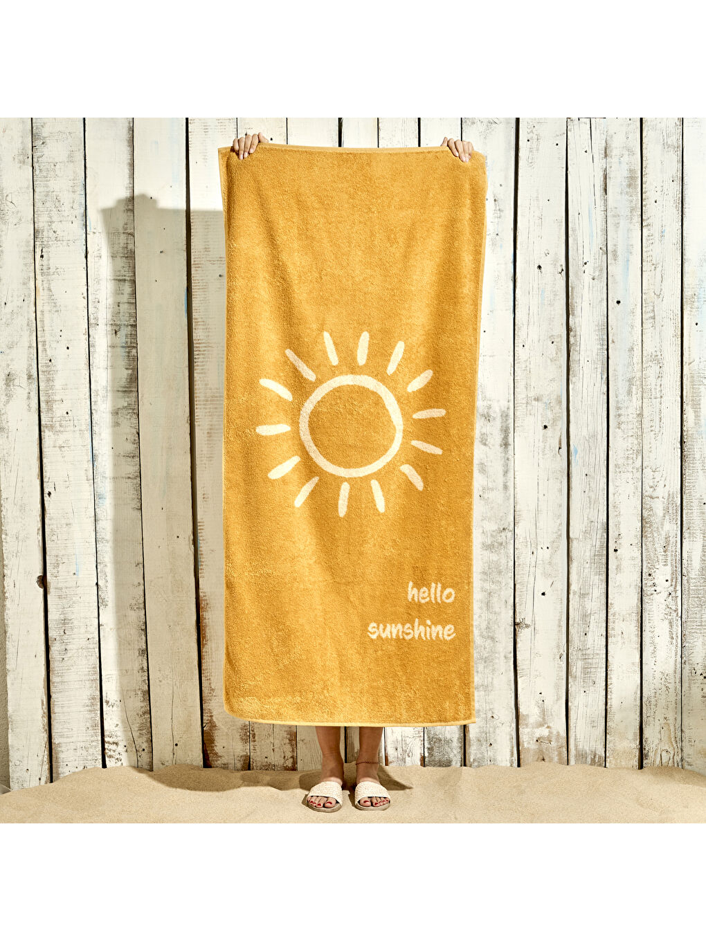 Sarı %100 Pamuk Hello Sunshine  Plaj Havlusu Hardal (90x150 cm)
