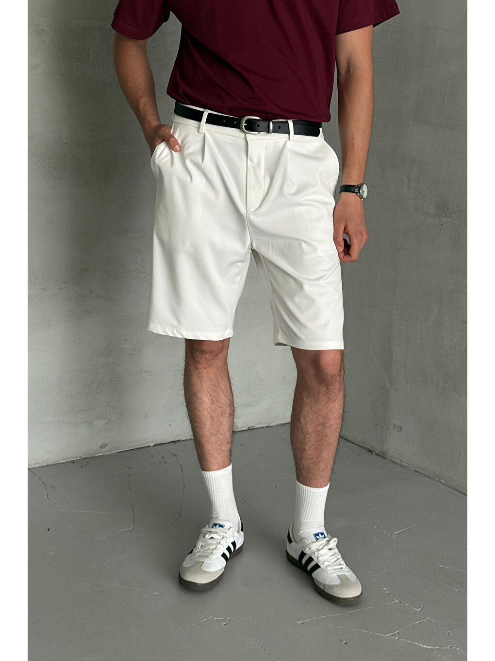 Beyaz Erkek Pileli Baggy Şort-1