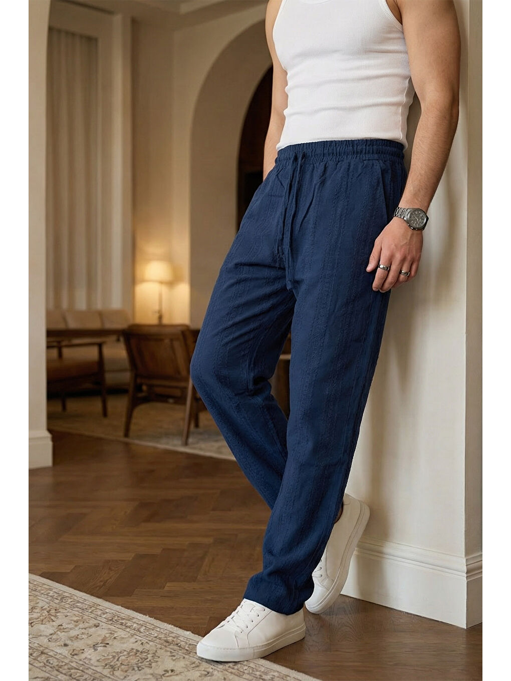 Lacivert Bunga Desenli Keten Görünümlü Lastikli Erkek Pantolon-6