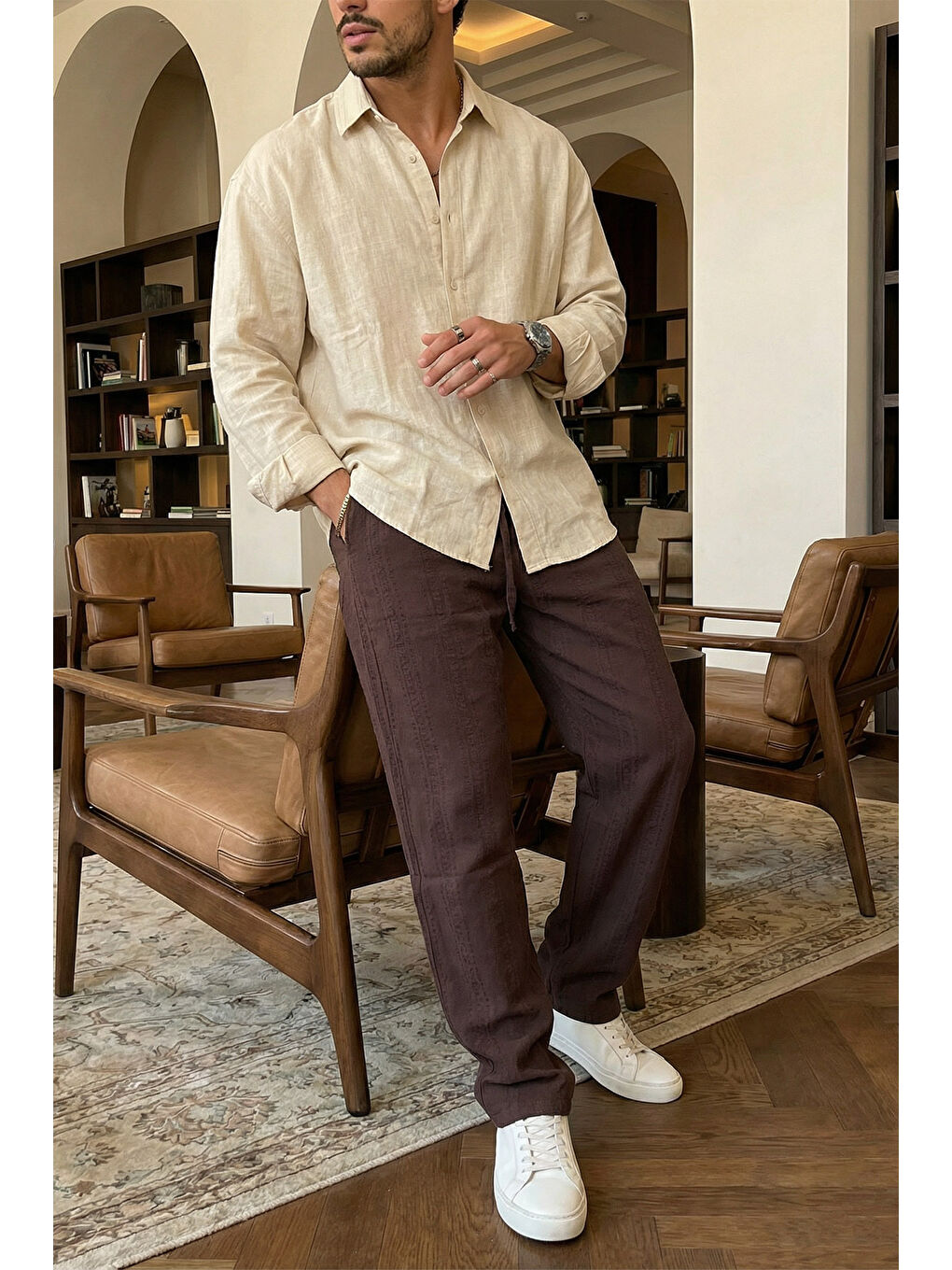 Kahverengi Bunga Desenli Keten Görünümlü Lastikli Erkek Pantolon-3