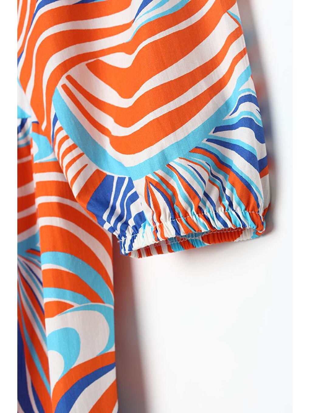 Turuncu-Saks-%100 Pamuk Kolları Beli Büzgü Detaylı Fermuar Kapamalı Fırfırlı Elbise-6