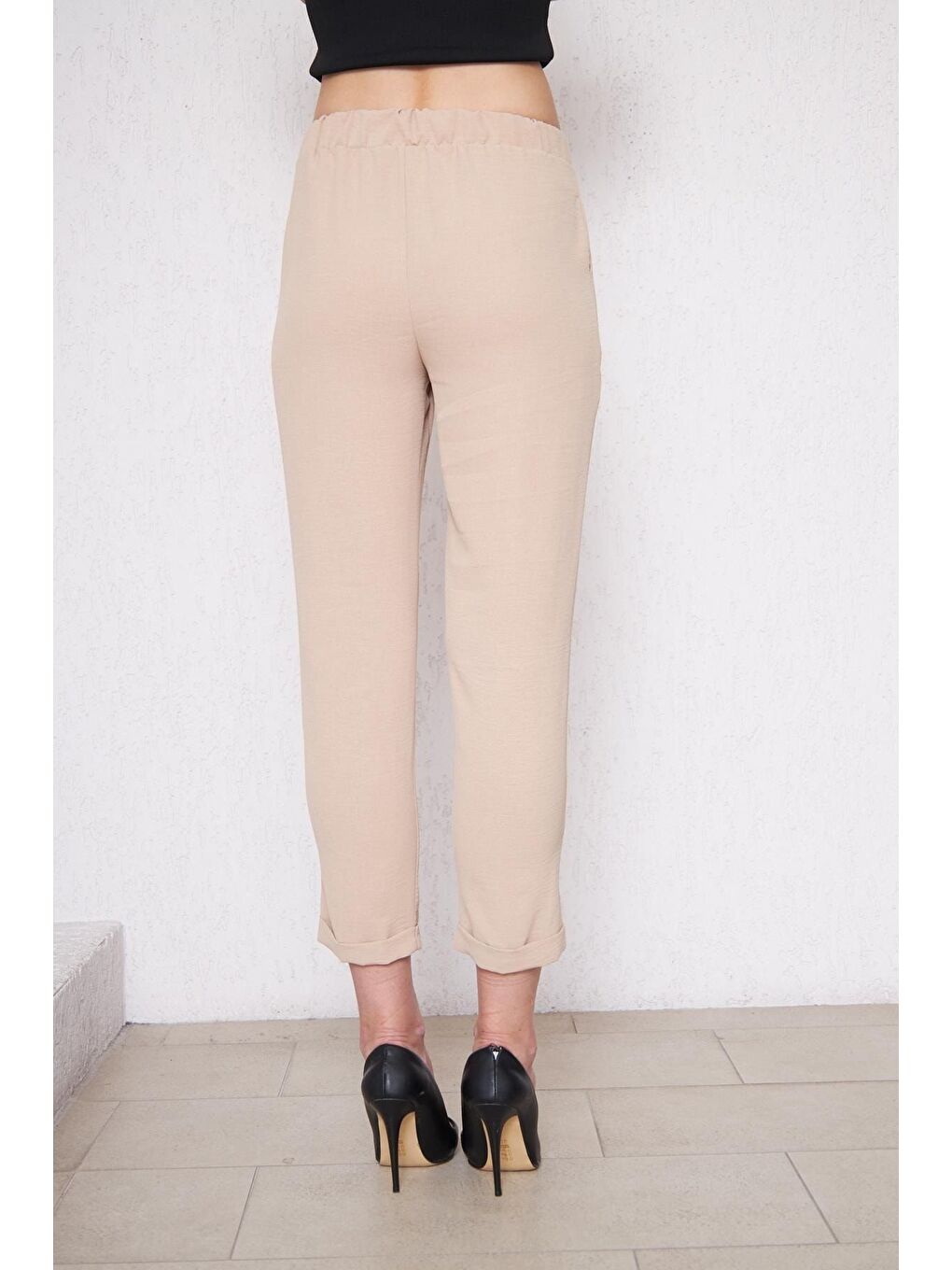 Kadın Beli Lastikli Aerobin Duble Paça Bej Pantolon-2