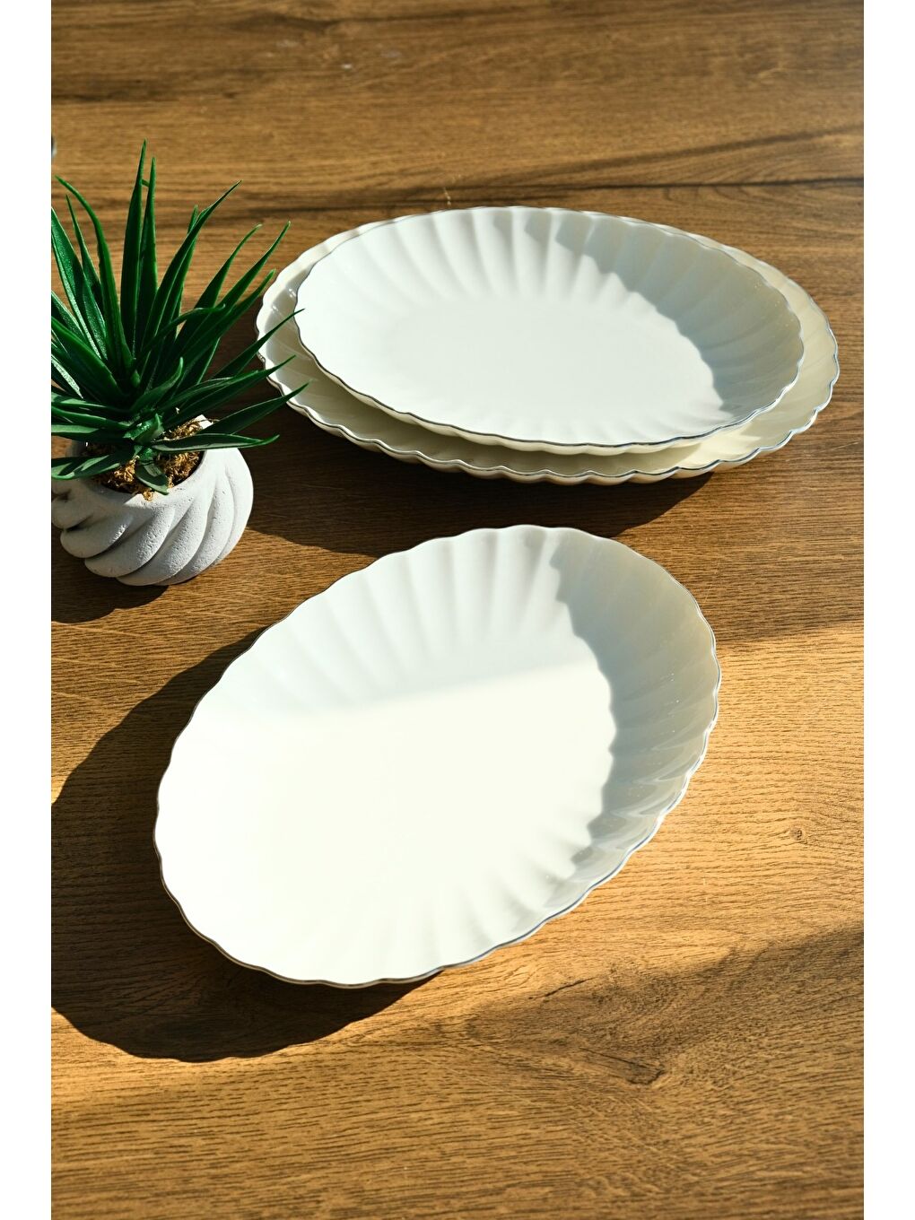 Ekru Bone Luz Form Kayık Tabak Seti Platin 3 Parça-2