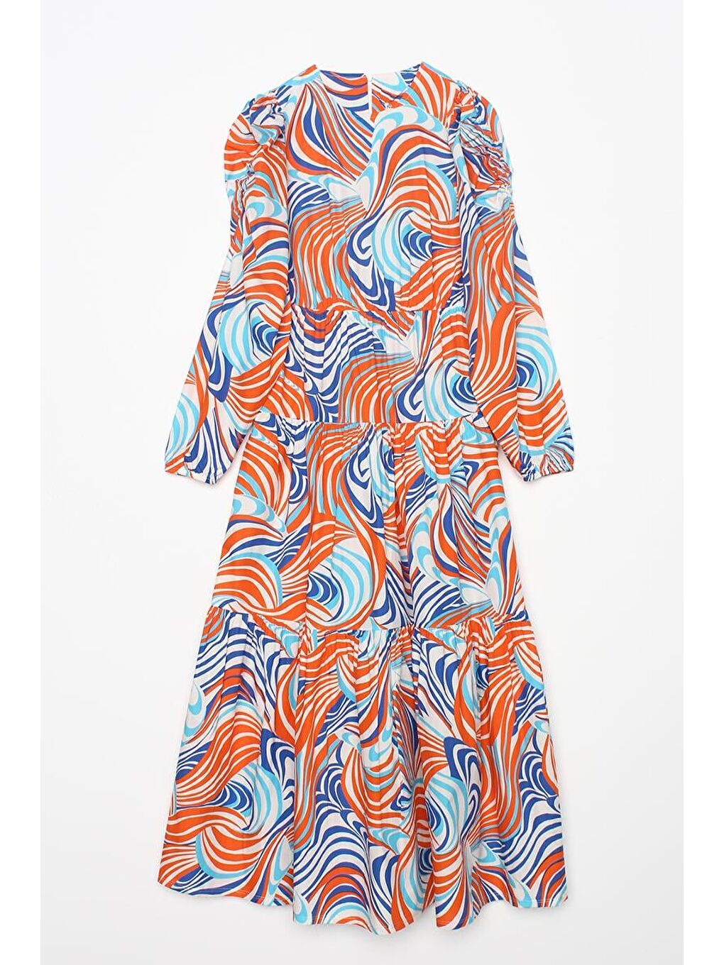 Turuncu-Saks-%100 Pamuk Kolları Beli Büzgü Detaylı Fermuar Kapamalı Fırfırlı Elbise-7