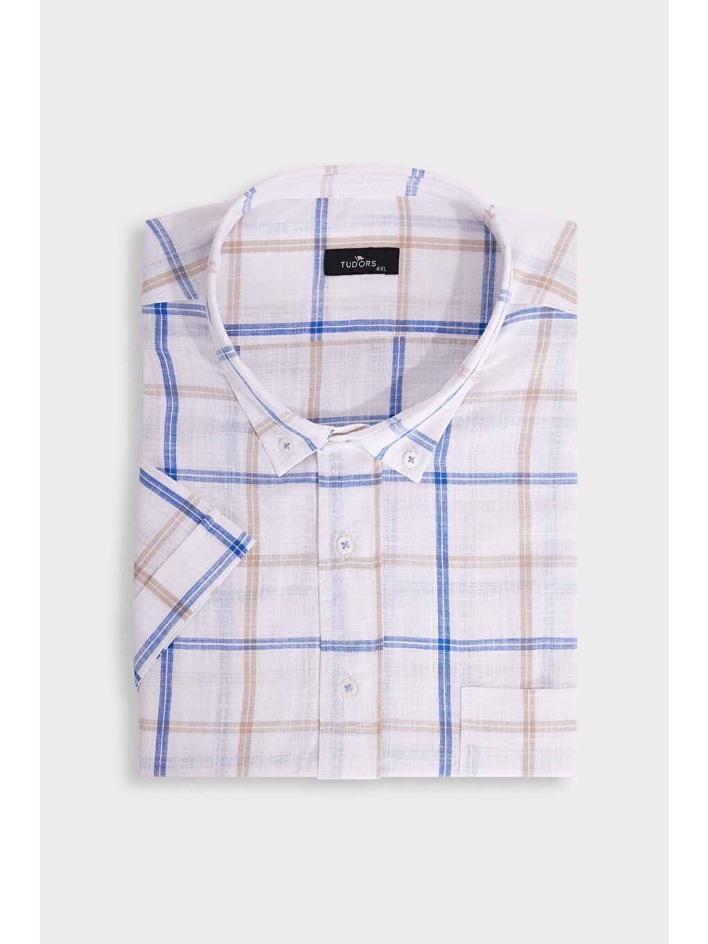 Karışık Erkek Büyük Beden Yaka Düğmeli Kareli Keten Efektli Kısa Kollu Gömlek