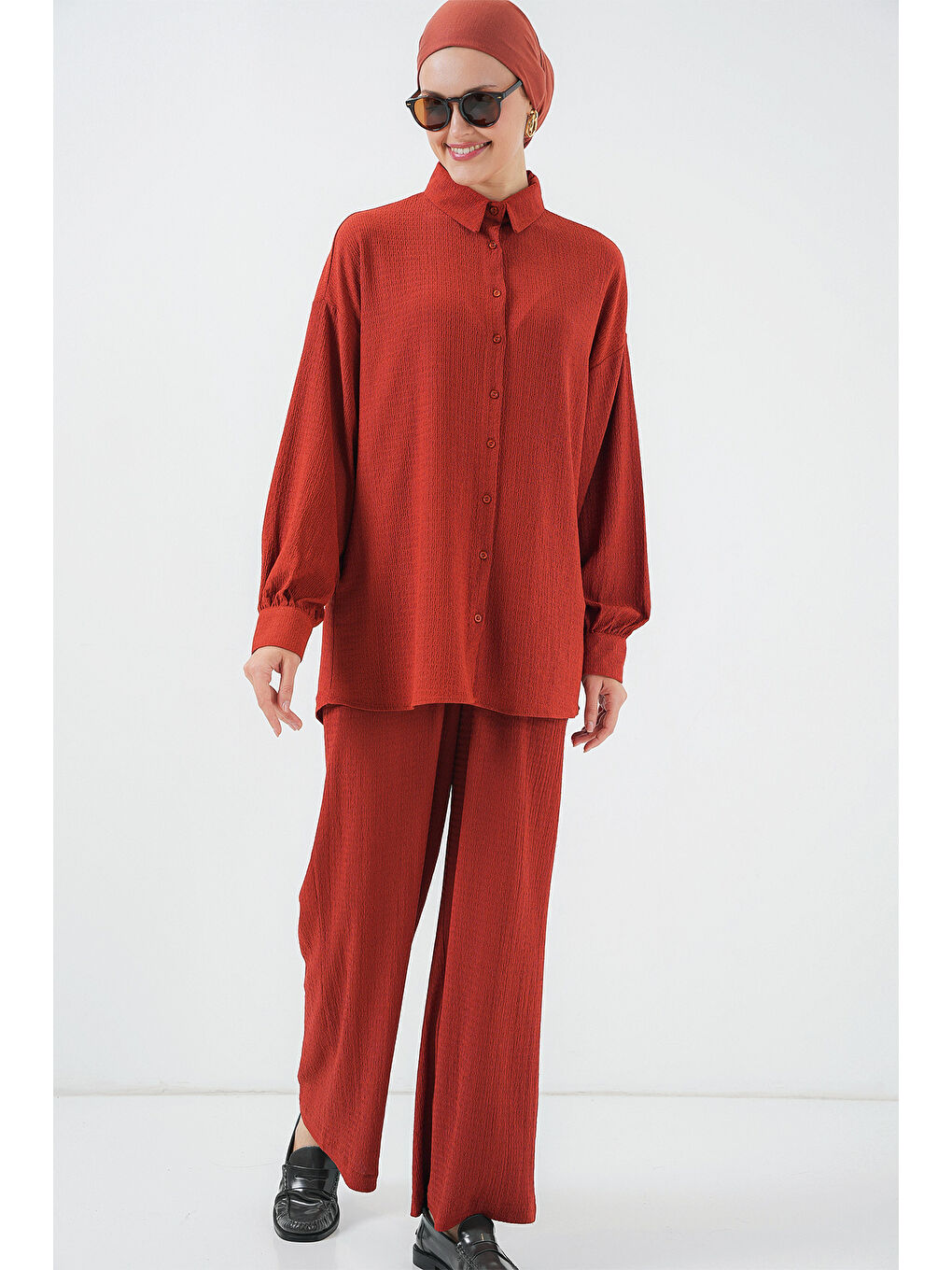 Kahverengi Kadın Örme Tesettür Alt Üst Takım 6711 - Kiremit