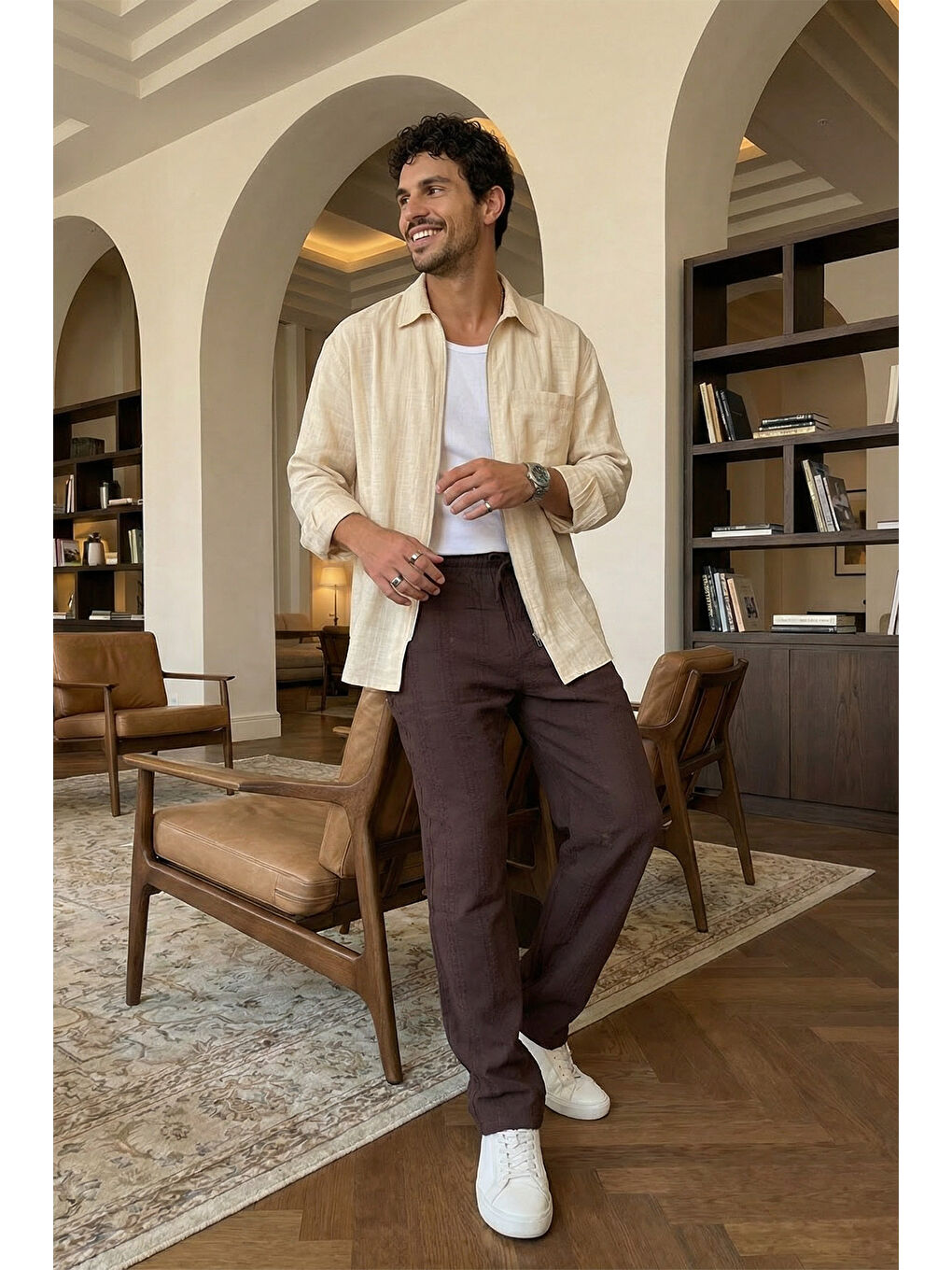 Kahverengi Bunga Desenli Keten Görünümlü Lastikli Erkek Pantolon-4