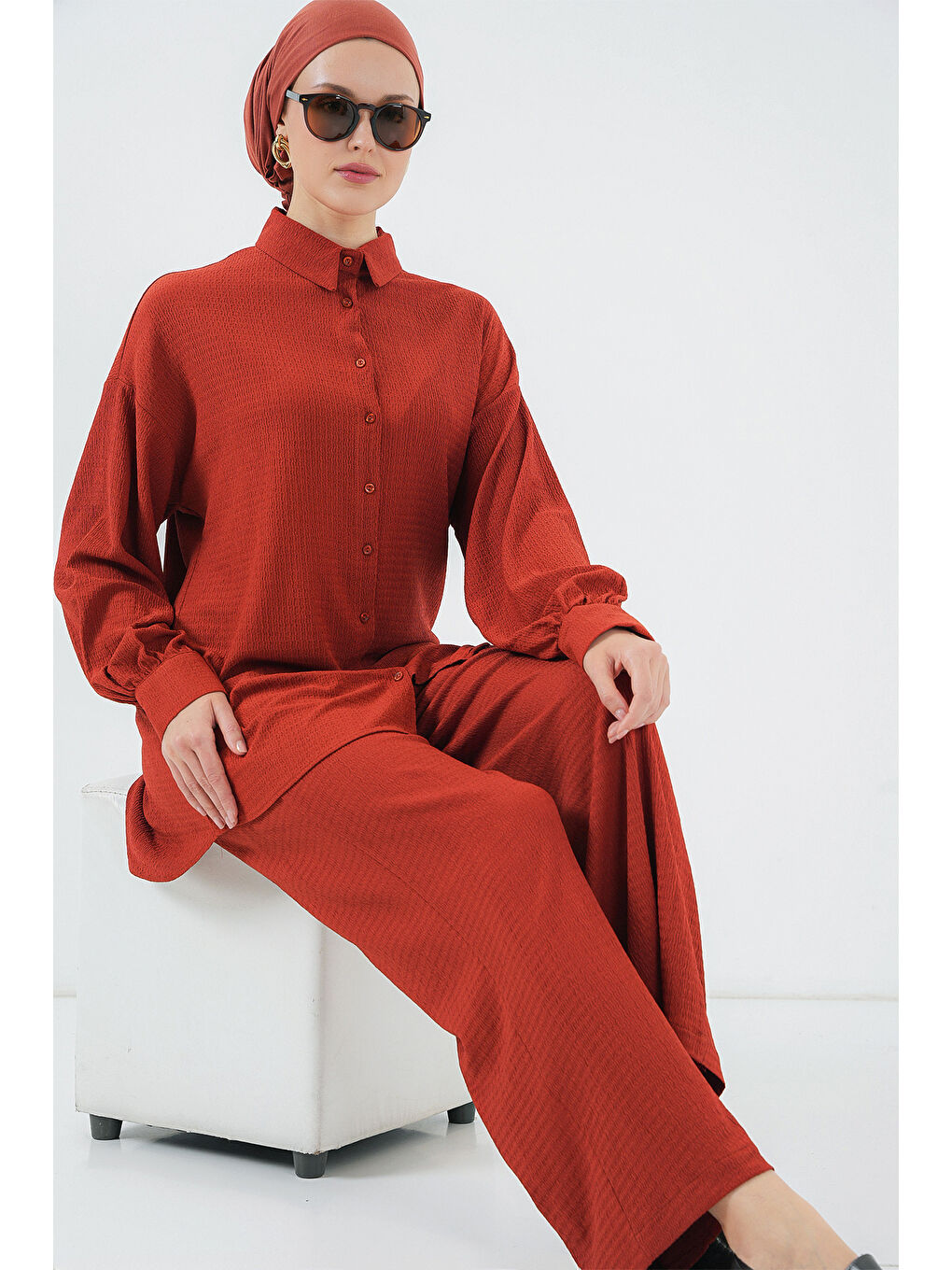 Kahverengi Kadın Örme Tesettür Alt Üst Takım 6711 - Kiremit-1