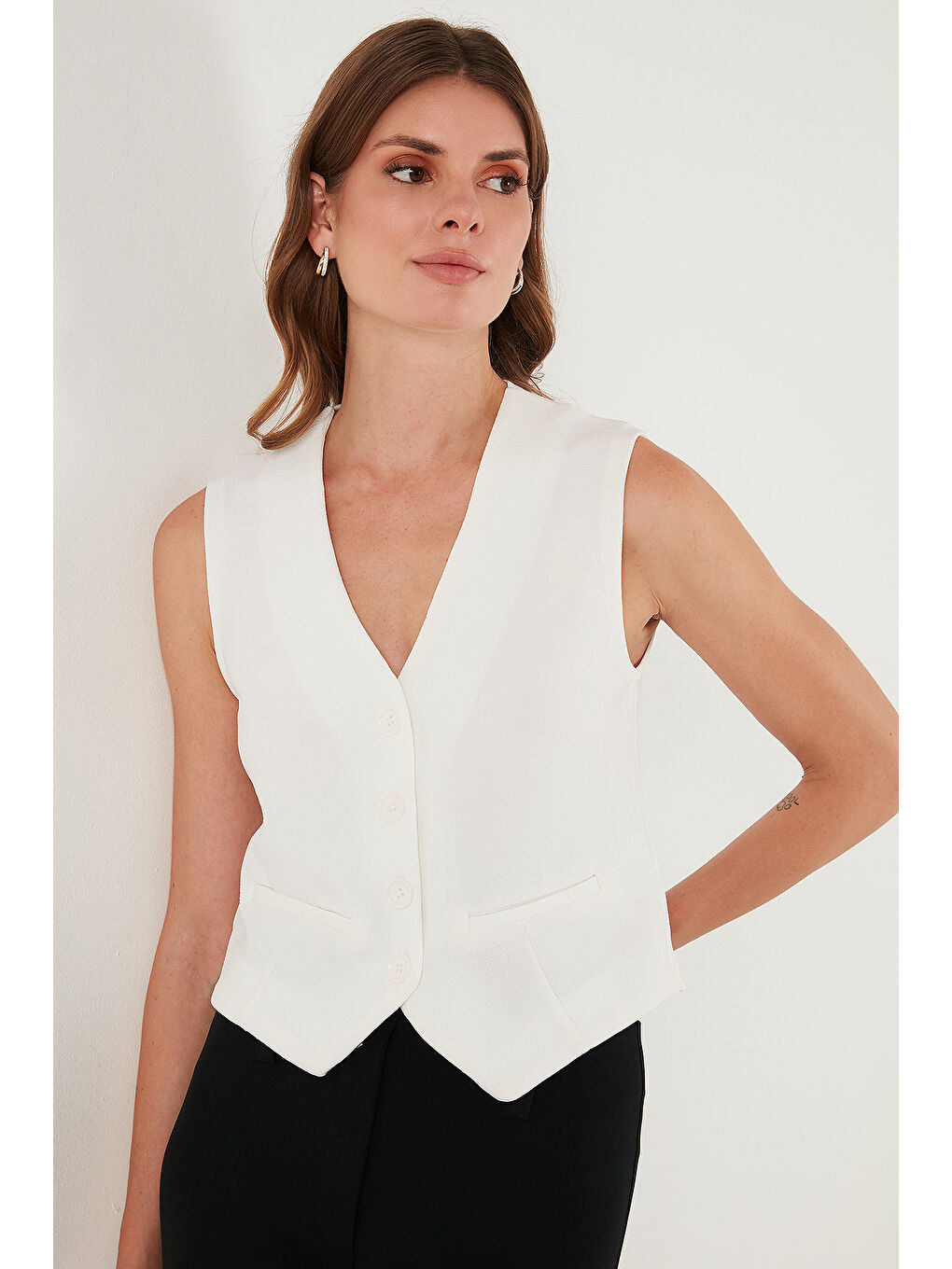 Beyaz Streç Fitted Fit V Yaka Düğmeli Kadın Yelek 5865971-4