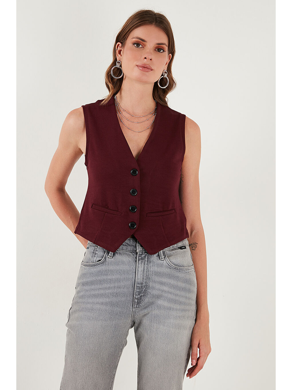 Bordo Streç Fitted Fit V Yaka Düğmeli Kadın Yelek 5865971-2