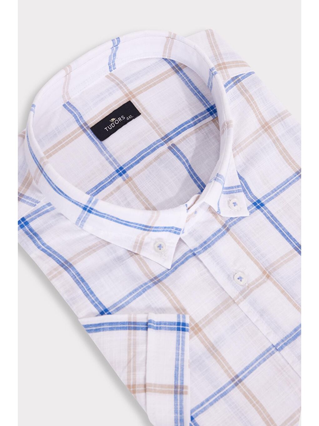 Karışık Erkek Büyük Beden Yaka Düğmeli Kareli Keten Efektli Kısa Kollu Gömlek-1