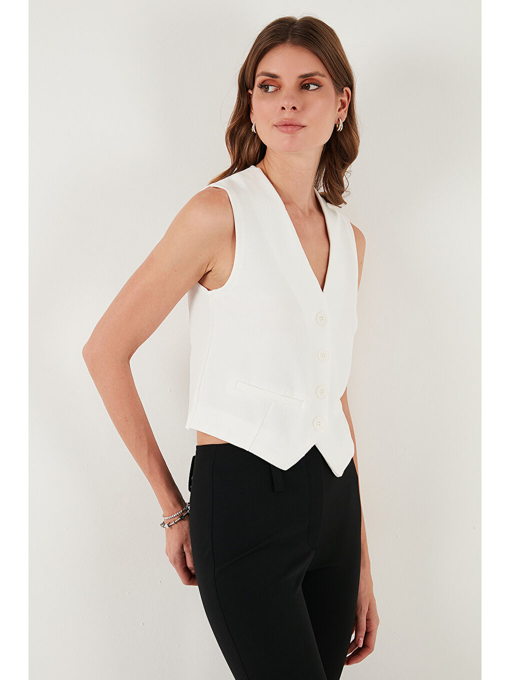 Beyaz Streç Fitted Fit V Yaka Düğmeli Kadın Yelek 5865971-5