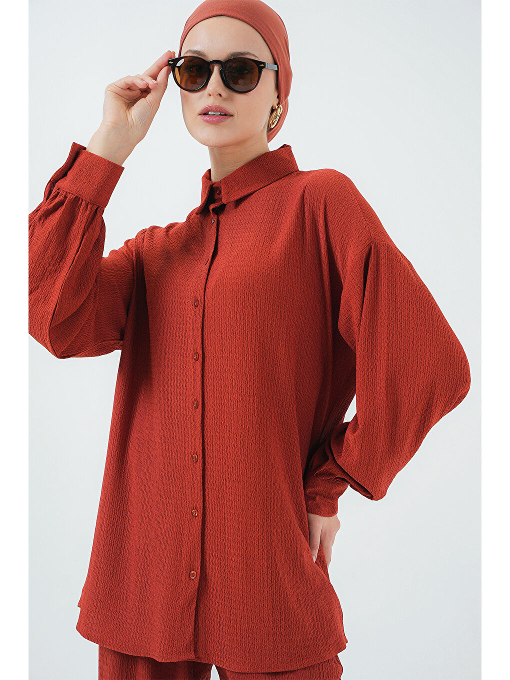 Kahverengi Kadın Örme Tesettür Alt Üst Takım 6711 - Kiremit-2