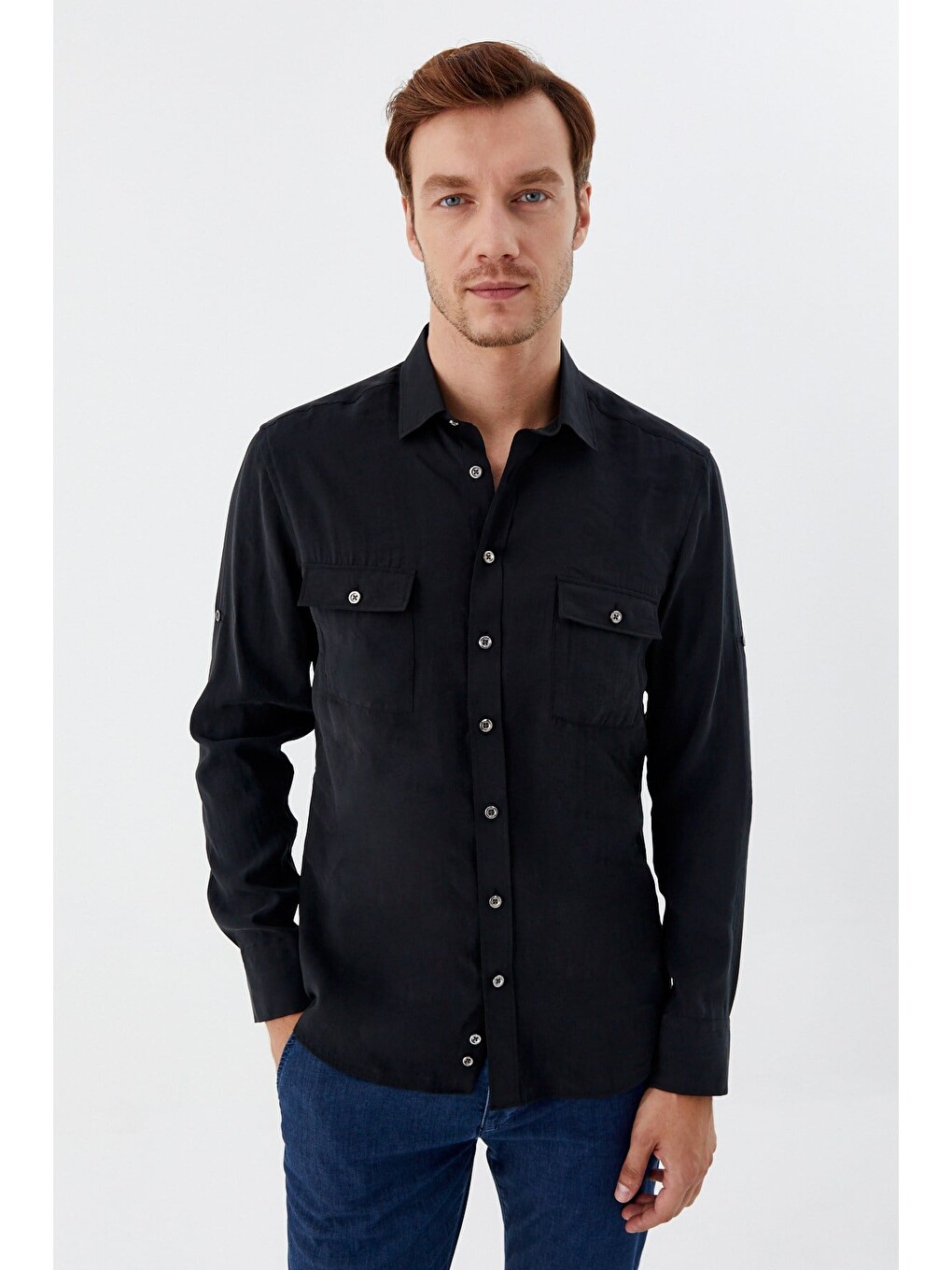 Siyah %100 Pamuk Klasik Yaka Cepli Slim Fit Gömlek