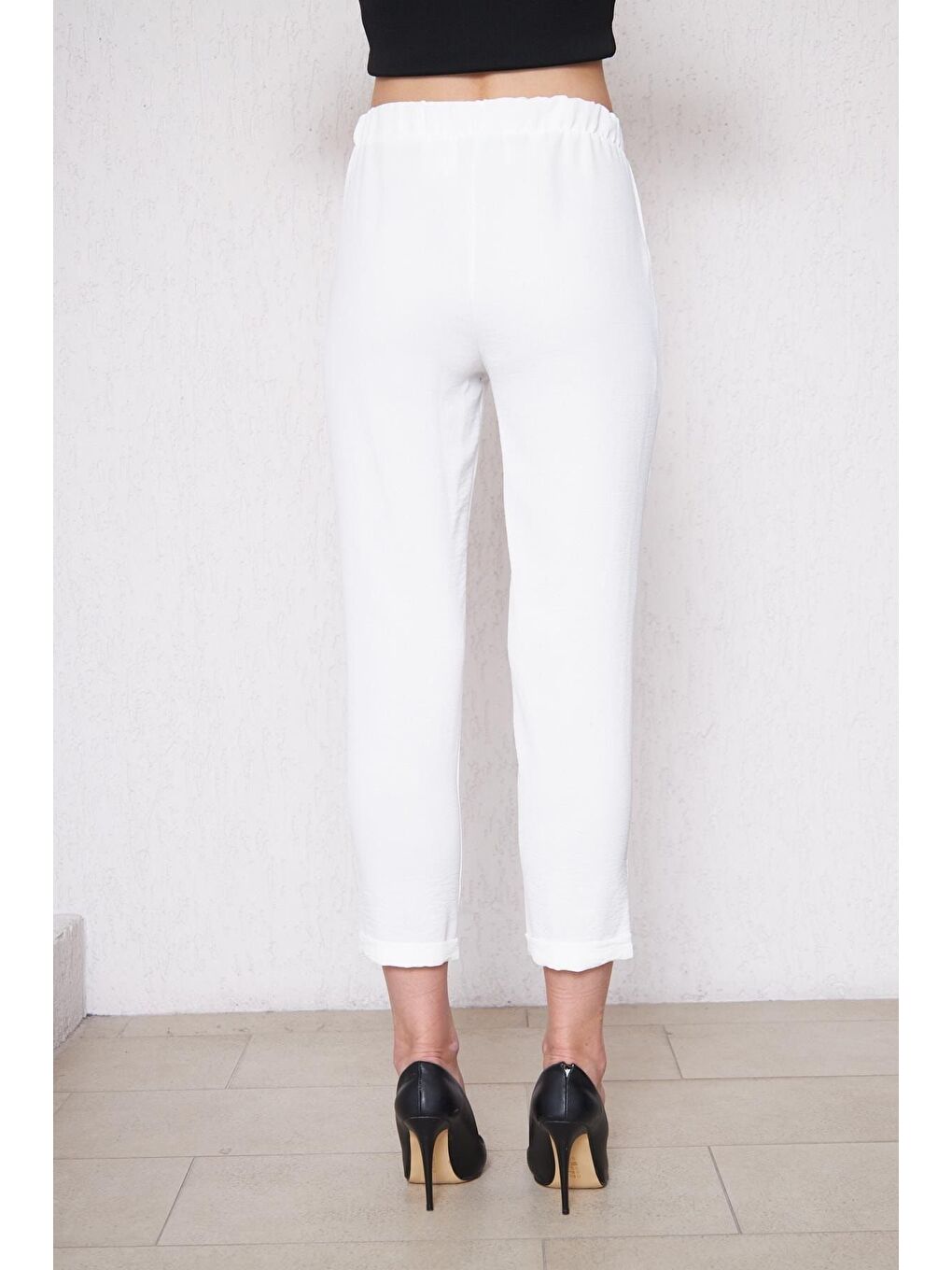Kadın Beli Lastikli Aerobin Duble Paça Beyaz Pantolon-2