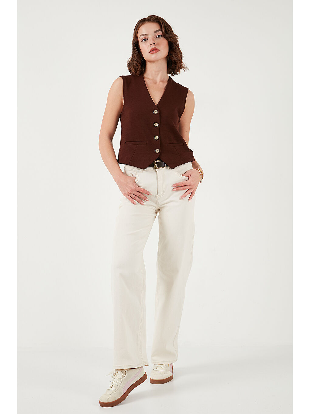 Kahverengi Streç Fitted Fit V Yaka Düğmeli Kadın Yelek 5865971-1