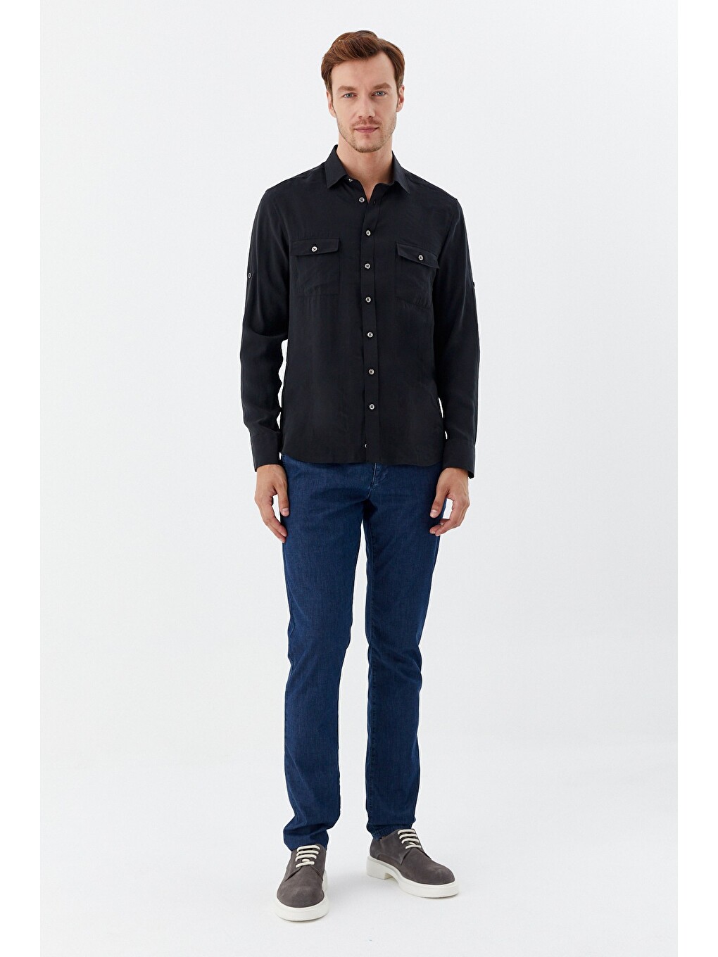 Siyah %100 Pamuk Klasik Yaka Cepli Slim Fit Gömlek-1