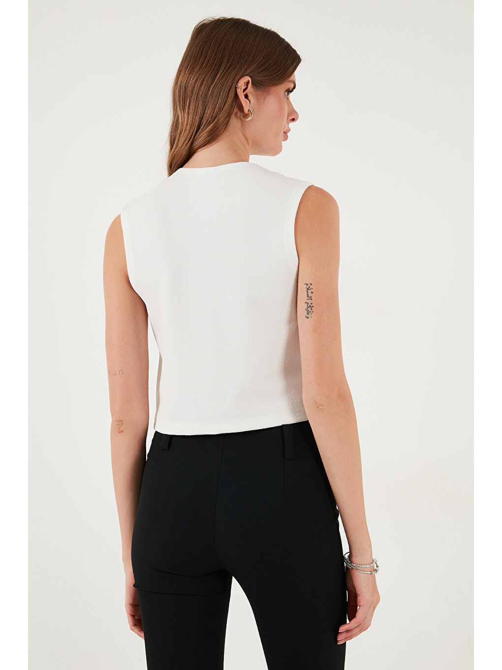 Beyaz Streç Fitted Fit V Yaka Düğmeli Kadın Yelek 5865971-6