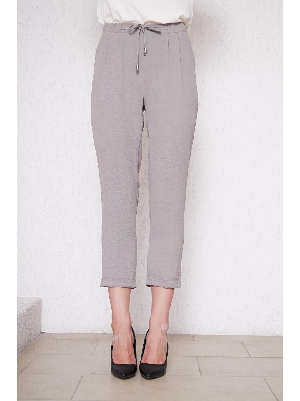 Kadın Beli Lastikli Aerobin Duble Paça Gri Pantolon-1