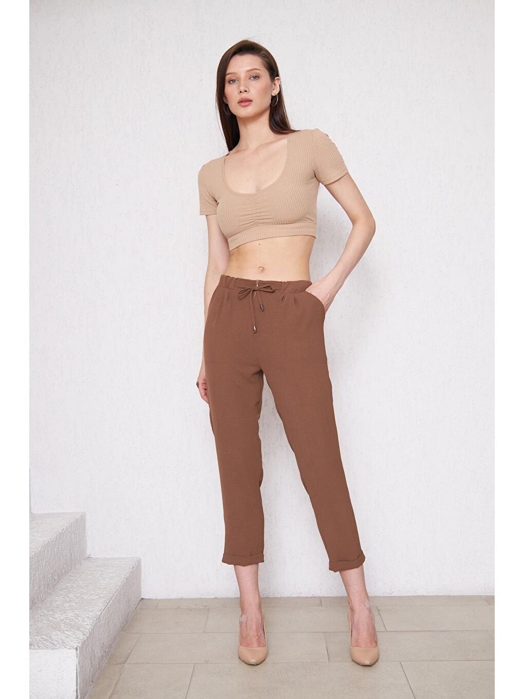 Kahverengi Kadın Beli Lastikli Aerobin Duble Paça Kahve Pantolon