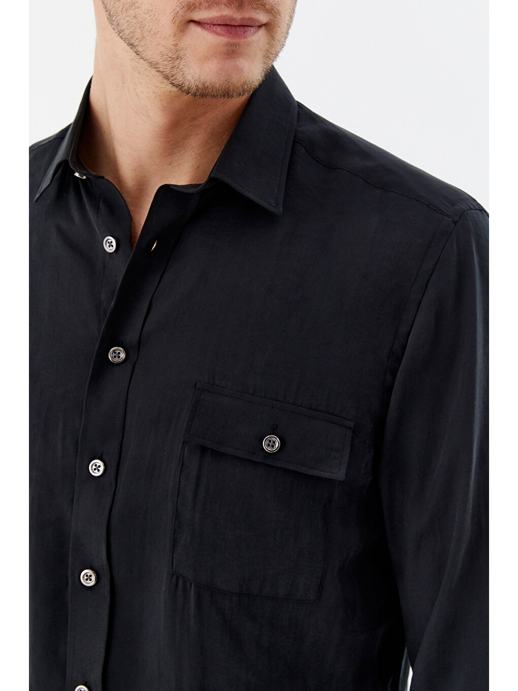 Siyah %100 Pamuk Klasik Yaka Cepli Slim Fit Gömlek-2