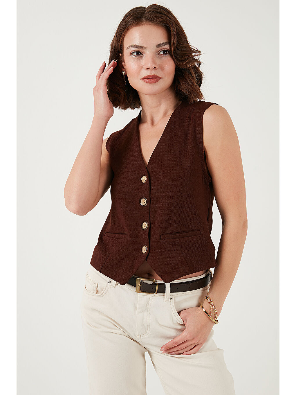 Kahverengi Streç Fitted Fit V Yaka Düğmeli Kadın Yelek 5865971-3