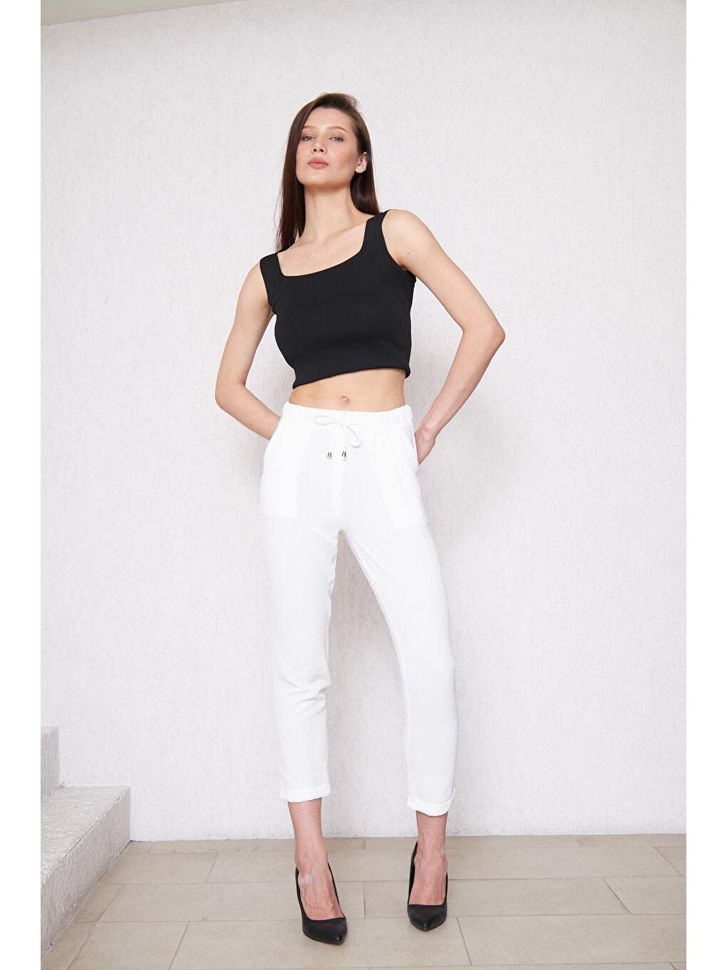 Kadın Beli Lastikli Aerobin Duble Paça Beyaz Pantolon-3