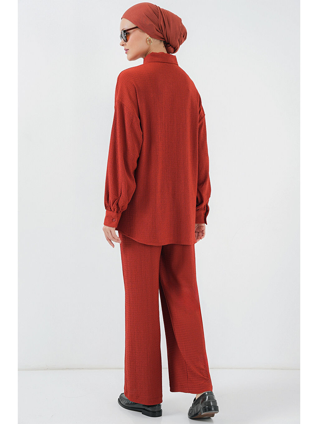 Kahverengi Kadın Örme Tesettür Alt Üst Takım 6711 - Kiremit-5