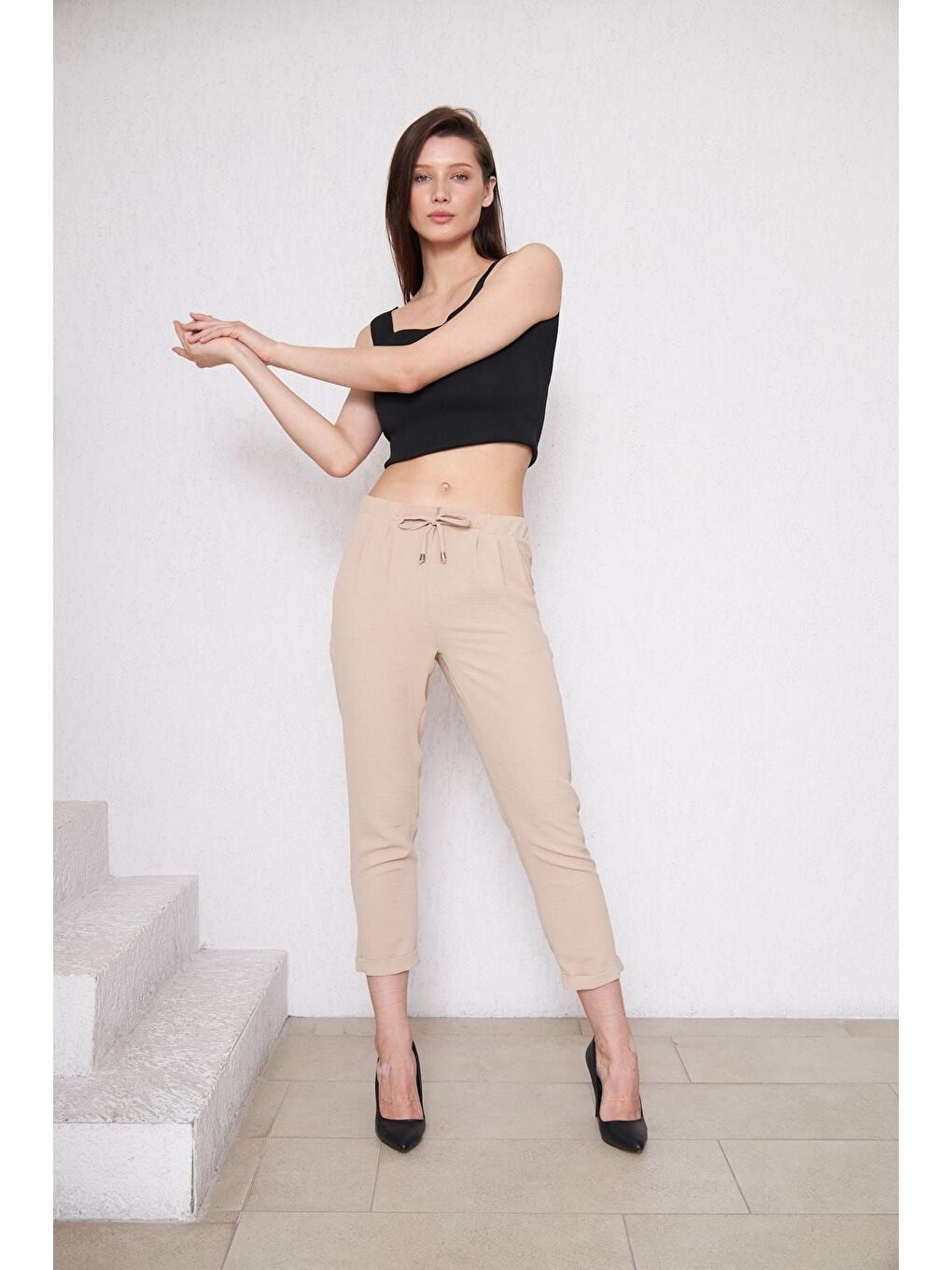 Kadın Beli Lastikli Aerobin Duble Paça Bej Pantolon-5