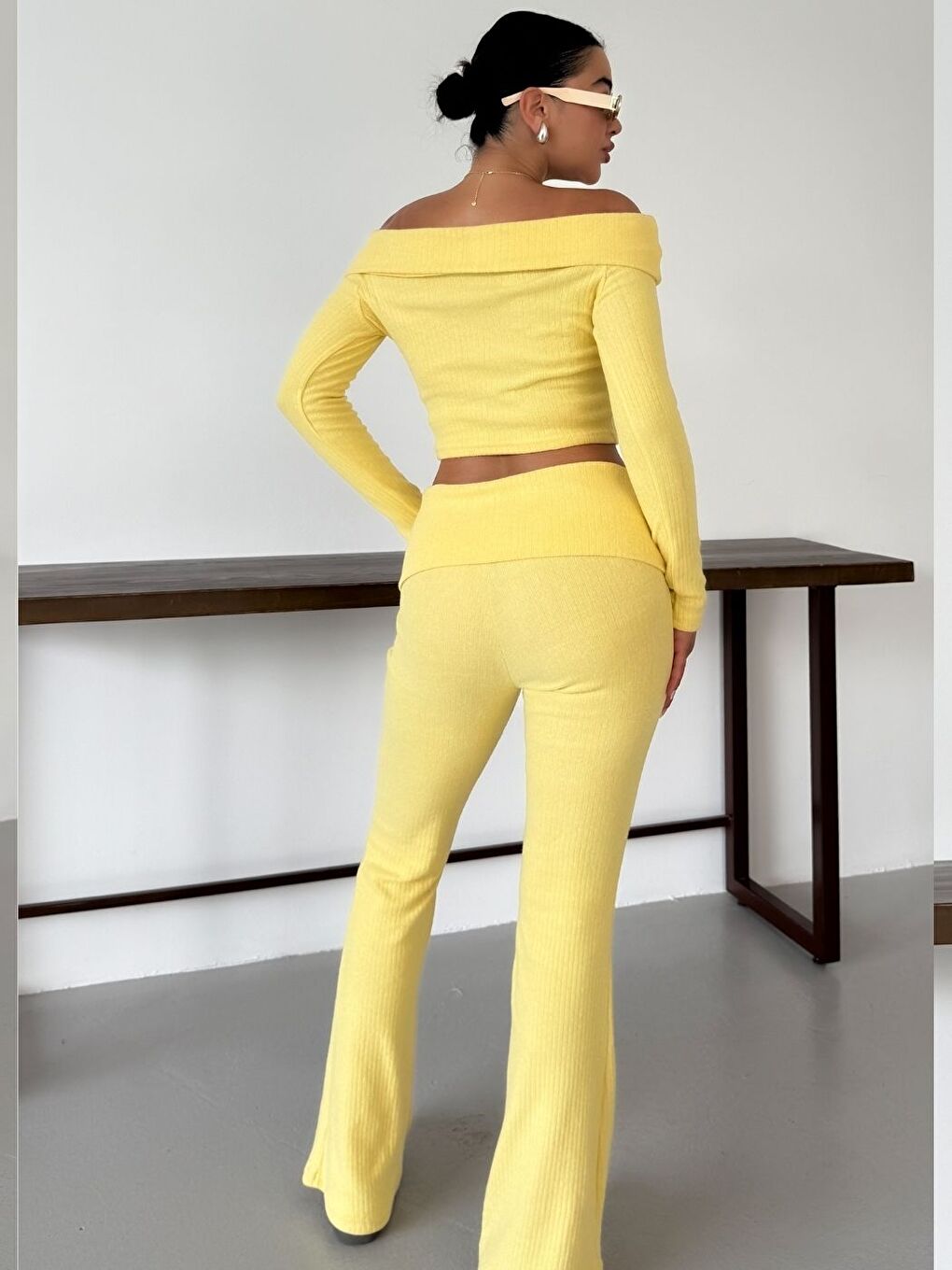 Kadın Sarı Madonna Yaka Alt-Üst Pantolonlu İnterlok Takım-3