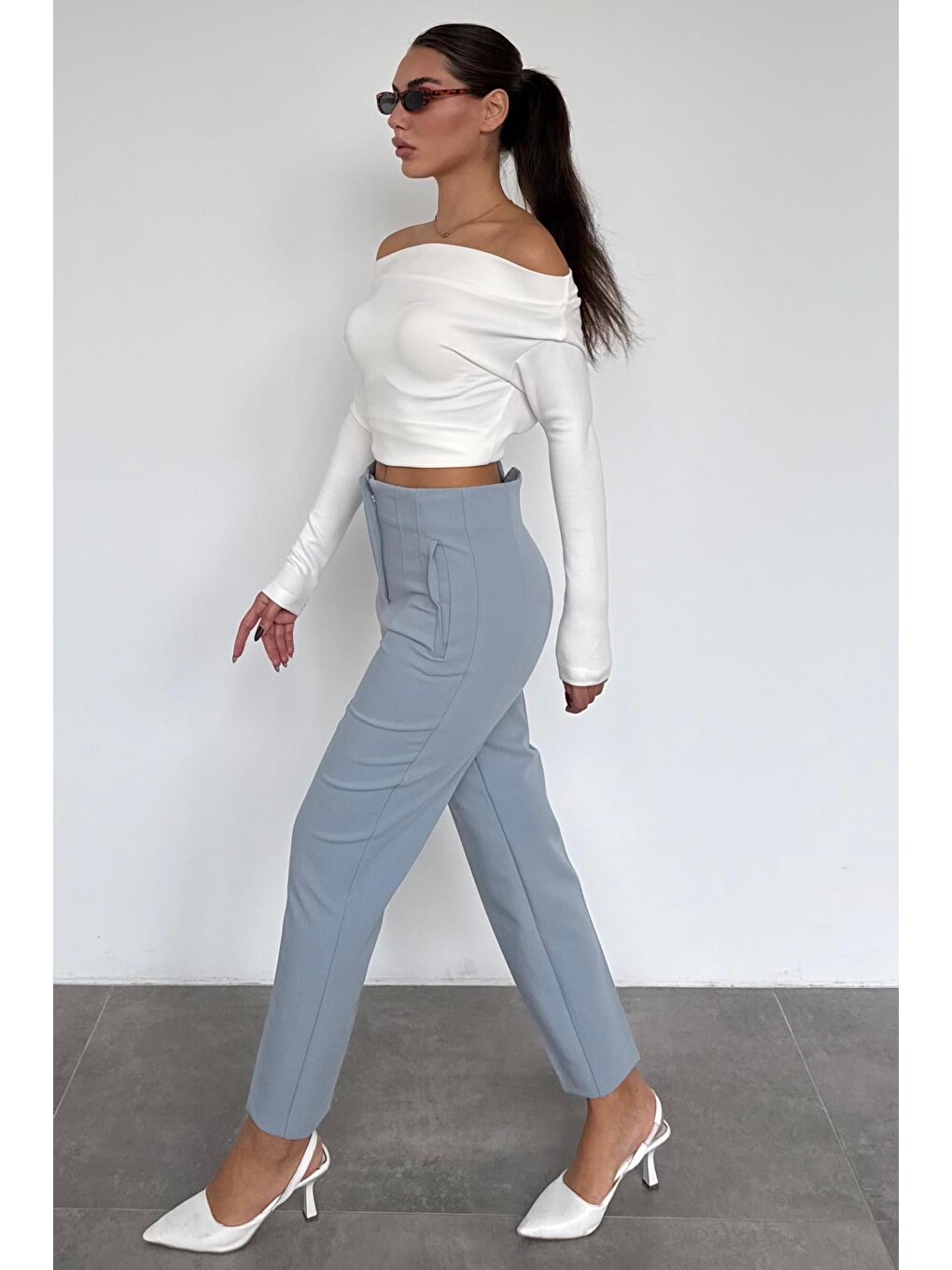 Gri Önü Biyeli Yüksek Bel Kadın Pantolon Mg2425-8