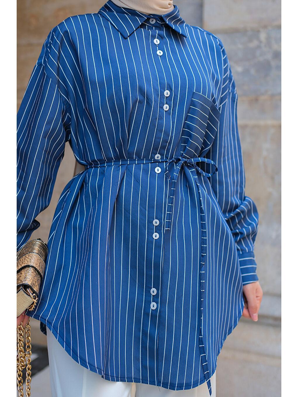 Kadın Çizgili Gömlek Lacivert-4