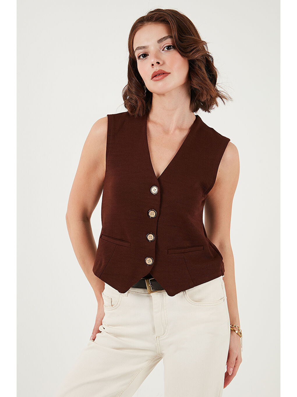Kahverengi Streç Fitted Fit V Yaka Düğmeli Kadın Yelek 5865971-4