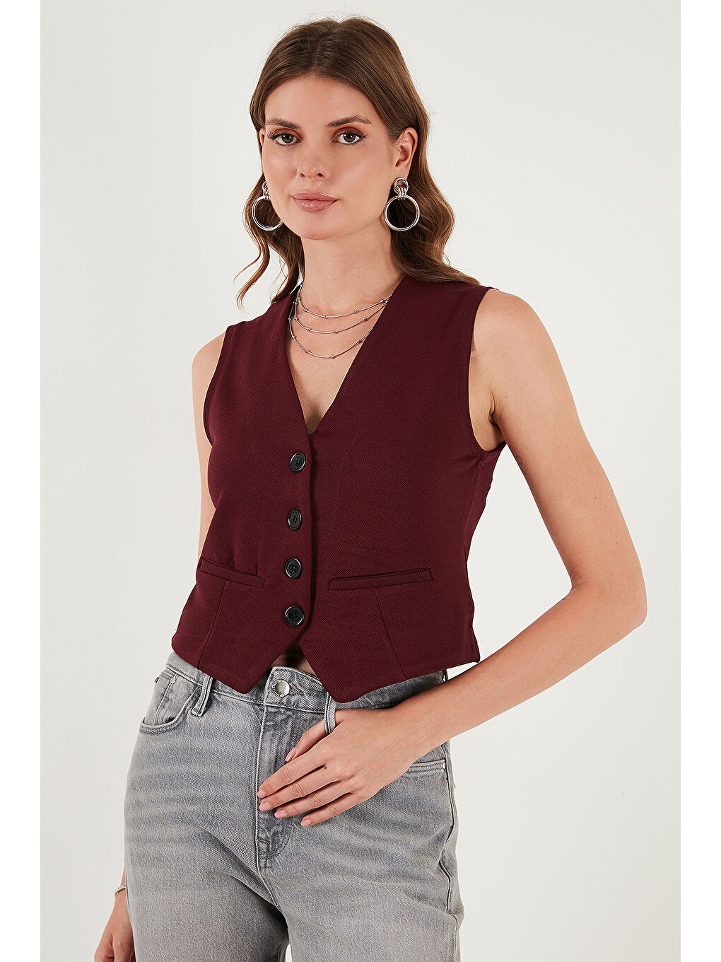 Bordo Streç Fitted Fit V Yaka Düğmeli Kadın Yelek 5865971-3